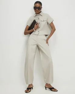 Beige Cotton Sateen Barrel Leg Trousers