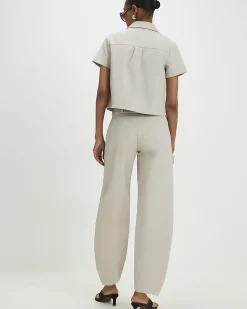 Beige Cotton Sateen Barrel Leg Trousers