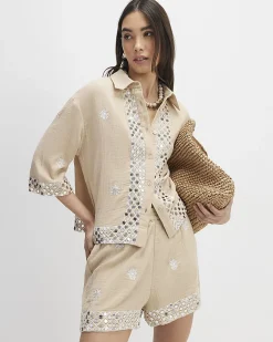 Beige Cotton Sequin Embellished Beach Shirt
