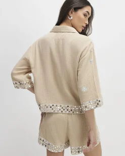 Beige Cotton Sequin Embellished Beach Shirt