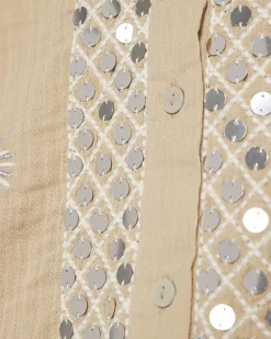 Beige Cotton Sequin Embellished Beach Shirt