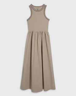 Beige Cotton Sleeveless Whipstitch Maxi Dress