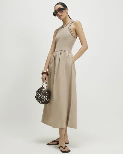 Beige Cotton Sleeveless Whipstitch Maxi Dress