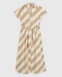Beige Cotton Striped Midi Shirt Dress