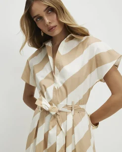 Beige Cotton Striped Midi Shirt Dress