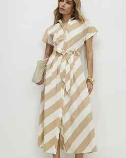 Beige Cotton Striped Midi Shirt Dress