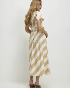 Beige Cotton Striped Midi Shirt Dress