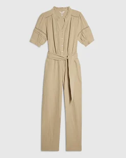 Beige Cotton Textured Jumpsuit