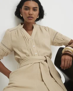 Beige Cotton Textured Jumpsuit