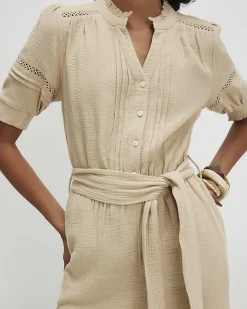 Beige Cotton Textured Jumpsuit