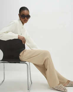 Beige Crepe Wide Leg Trousers