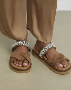 Beige cross strap diamante sandals