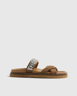 Beige cross strap diamante sandals