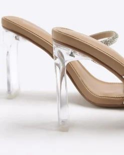 Beige Diamante Double Strap Heeled Mules