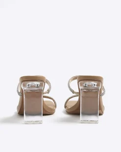 Beige Diamante Double Strap Heeled Mules