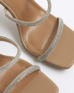 Beige Diamante Double Strap Heeled Mules