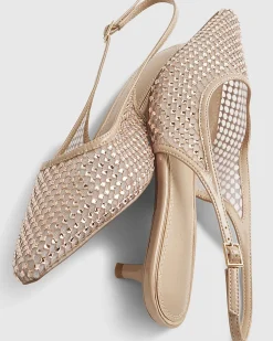 Beige Diamante Mesh Slingback Court Heels