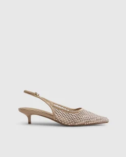 Beige Diamante Mesh Slingback Court Heels