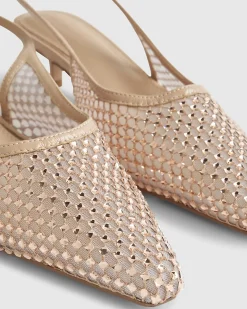 Beige Diamante Mesh Slingback Court Heels