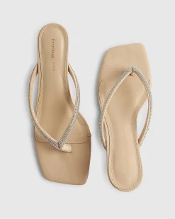 Beige Diamante Toe Thong Heeled Sandals