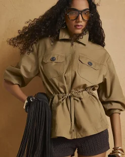 Beige Drawstring Waist Shacket