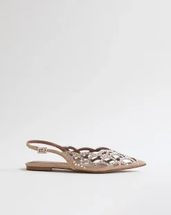Beige Embellished Flat Shoes