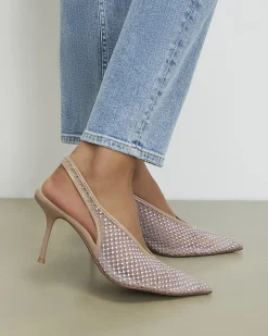 Beige Embellished Slingback Court Heels