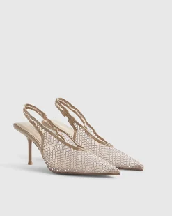Beige Embellished Slingback Court Heels