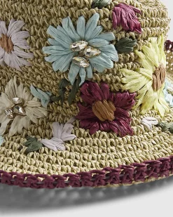 Beige Embroidered Floral Straw Bucket Hat