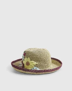 Beige Embroidered Floral Straw Bucket Hat