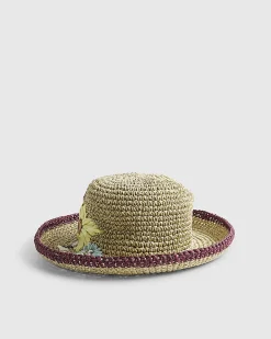 Beige Embroidered Floral Straw Bucket Hat