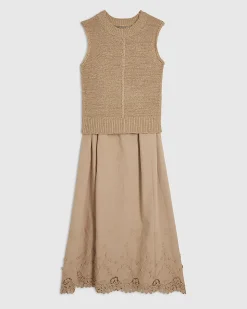 Beige Embroidered Hem Knitted Hybrid Dress