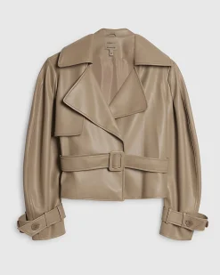Beige Faux Leather Belted Trench Jacket