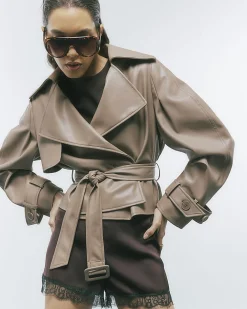 Beige Faux Leather Belted Trench Jacket