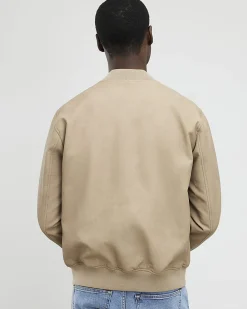 Beige Faux Leather Bomber Jacket