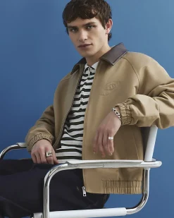 Beige Faux Leather Collared Harrington Jacket
