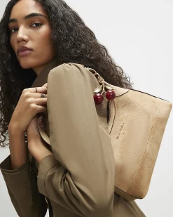 Beige Faux Suede Cherry Charm Shoulder Bag