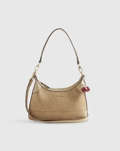 Beige Faux Suede Cherry Charm Shoulder Bag