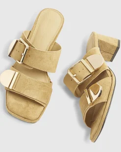 Beige Faux Suede Double Buckle Mule Sandal