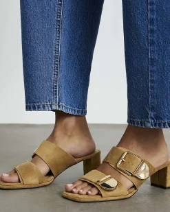 Beige Faux Suede Double Buckle Mule Sandal