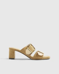 Beige Faux Suede Double Buckle Mule Sandal