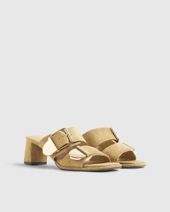 Beige Faux Suede Double Buckle Mule Sandal