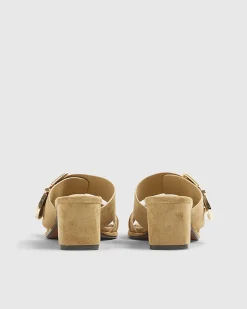 Beige Faux Suede Double Buckle Mule Sandal