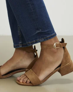 Beige Faux Suede Low Block Heel Sandals