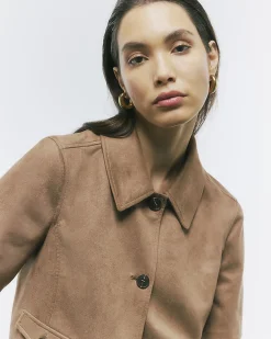 Beige Faux Suede Pocket Detail Shirt