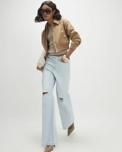 Beige Faux Suede Ribbed Hem Bomber Jacket