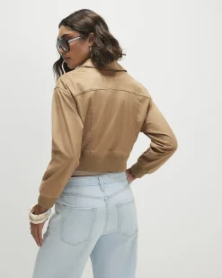 Beige Faux Suede Ribbed Hem Bomber Jacket
