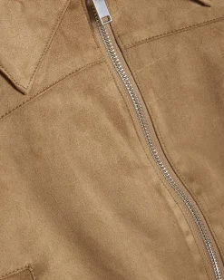 Beige Faux Suede Ribbed Hem Bomber Jacket