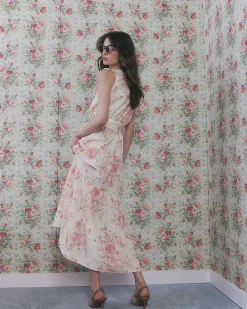 Beige Floral Corsage Tiered Maxi Dress