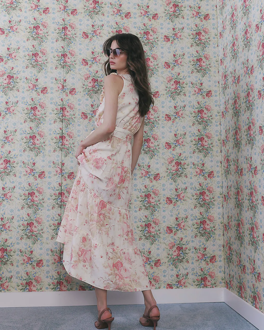 Beige Floral Corsage Tiered Maxi Dress
